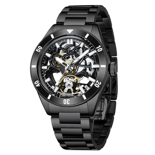 Free Focus Unique Men Watches,Automatic Mechanical Watch,Luxury Skeleton Tonneau Watches for Men with Stainless Steel Case and Silicon Band (Rubies Movement/11ATM Waterproof/Super_Luminous)