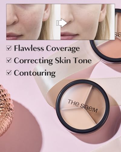 Image of THESAEM Cover Perfection Triple Pot Concealer - 02 Contour Beige for 3D Facial Contouring - 3-Color Multi Concealer Palette with Shading & Highlighting - Korean Makeup with Sweet Almond Oil