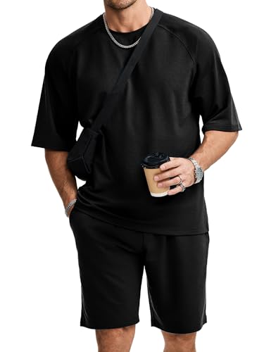 JMIERR Shorts Sets Men 2 Piece Outfits Casual Cotton Workout Mens Suit Raglan Sleeve Tshirt and Short Fashion Tracksuit, Black L