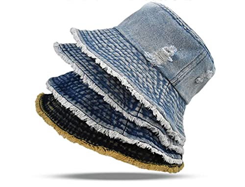 Distressed Denim Bucket Hat Ripped Frayed Edge Sun Hat For Women Men (Deep Blue) #TOP1