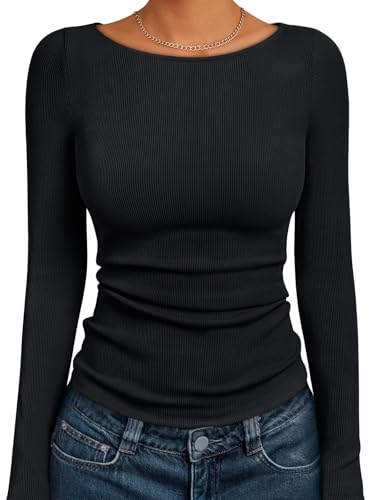 Trendy Queen Womens Long Sleeve Shirts Ribbed Underscrub Tops Boat Neck Basic Tees Fall Fashion Clothes 2025