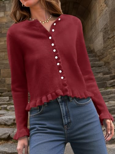 Image of Saodimallsu Womens Ruffle Cardigan Sweaters Button Up Crew Neck Long Sleeve Cropped Sweater Cute Soft Knit Tops