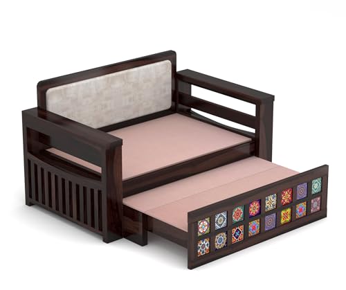 Image of Solid Wood Sofa Cum Bed with Decorative Tile Design | Modern Pull-Out Wooden Diwan Bed with Cushioned Seating | Convertible 2 Seater Sofa Bed for Living Room (Walnut Finish)