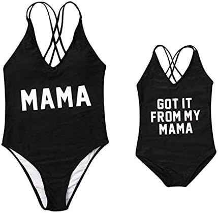 Mother Girl Swimwear Mommy and Me Matching One Piece Beach Wear Family Letters Print Cross Back Sporty Monokini(Black, Mama-S)