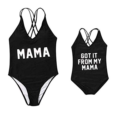 Mother Girl Swimwear Mommy And Me Matching One Piece Beach Wear Family Letters Print Cross Back Sporty Monokini(Black, Mama-S) #TOP2
