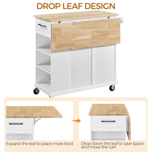 Yaheetech-Rolling-Kitchen-Island-Cart-with-Drop-Leaf-Portable-Rubberwood-Breakfast-Bar-with-Storage-Cabinet-Open-Shelves-Detachable-Towel-2-Drawers-White Yaheetech Rolling Kitchen Island Cart with Drop Leaf Portable Rubberwood Breakfast Bar with Storage Cabinet Open Shelves Detachable Towel 2 Drawers White