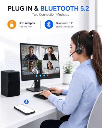 TECKNET Wireless Headset (USB Dongle), Bluetooth Headphones with Noise Cancelling Microphone for Trucker, Bluetooth V5.2 with Mute Button & Hands-Free Calling for Work — view 4