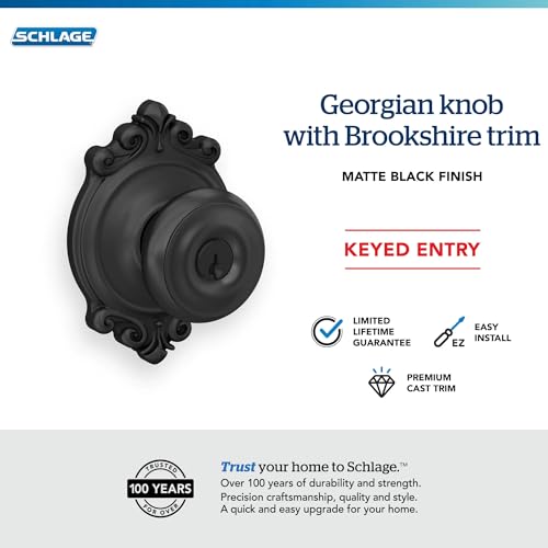 Image of SCHLAGE F51A GEO 622 BRK Georgian Knob with Brookshire Trim Keyed Entry Lock, Matte Black