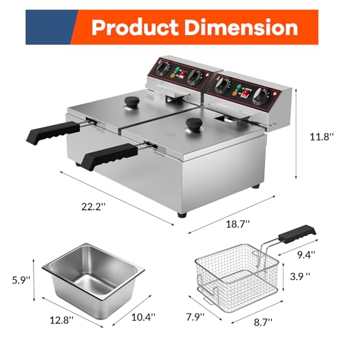 21.2QT Electric Deep Fryer, 20L Stainless Steel Commercial Fryer, Countertop Kitchen Frying Machine w/Temperature Control, French Fries Donuts