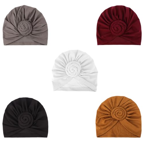 Image of DRESHOW 5 Pack Knotted Headwraps for Women African Turban Pre-Knotted Beanie Headwraps Hair Covers