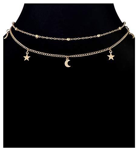 Ofeiyaa 12Pcs Chain Gold Bead Necklace Coin Moon Star Pearl Pendant Chain Choker Multilayer Necklace Leather Cord Set For Women Men Gold Adjustable #TOP3