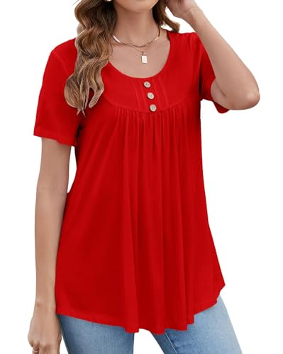 Beadchica 5985-RED-XL Women'S Tunic Tops For Leggings Short Sleeve Shirts Botton Up Casual Ruched Blouses Clothing-Red-Xl thumb #2