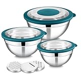 E-far Tazones para mezclar con tapas y ralladores, almacenamiento de ensalada de metal para preparar/servir/hornear