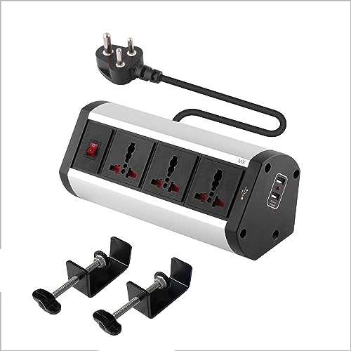 Image of MX Desk Extension Board Switch Socket Fixer 6 Amp 3 Universal Sockets with 2 USB Charging Port Extension Board with Removable Desk Clamp - Power Strip for Desk Master Switch 3 Pin Plug Extension Cord