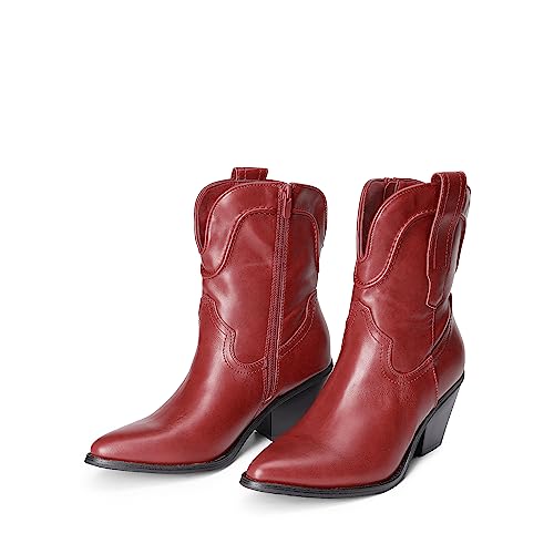 DREAM PAIRS Women's Cowboy Ankle Boots Western Booties Low Heel Pointed Toe Cowgirl Boots,Size 7,Red,SDAB2302W
