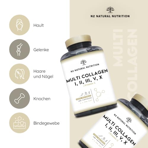 Multi Kollagen Kapseln Hochdosiert 1650mg Angereichert mit Vitamin C. Hydrolysierte Collagen Peptide Typ I, II, III, V, X. 180 Kapseln. Für Haut, Haare, Knochen & Gelenke. N2 Natural Nutrition