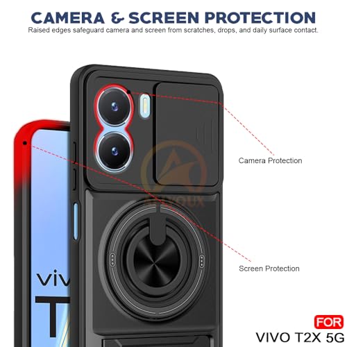 Image of Vivo T2X / Y16 / Y56 Back Cover | Armor Camera Slider 360 Degree Rotating Finger Ring Holder Case with Bracket Stand Back Case Cover (Compatible with MagSafe Accessories) (Black)