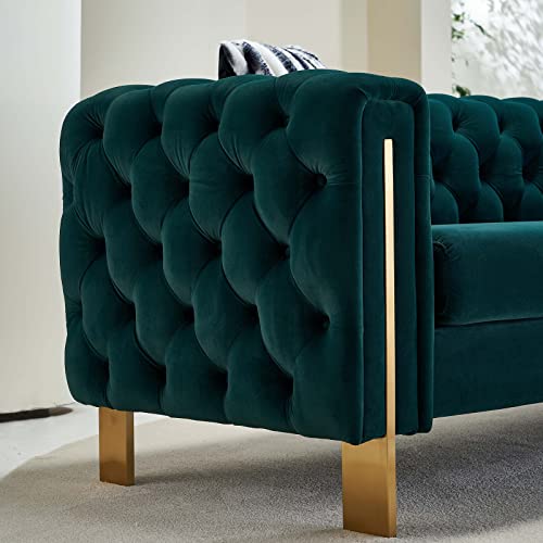Image of Dolonm Velvet Tufted Sofa for Living Room, 84 inch Mid-Century Modern Couch with 2 Throw Pillows, High Arms & Gold Metal Legs, Luxury Chesterfield Furniture (Green)