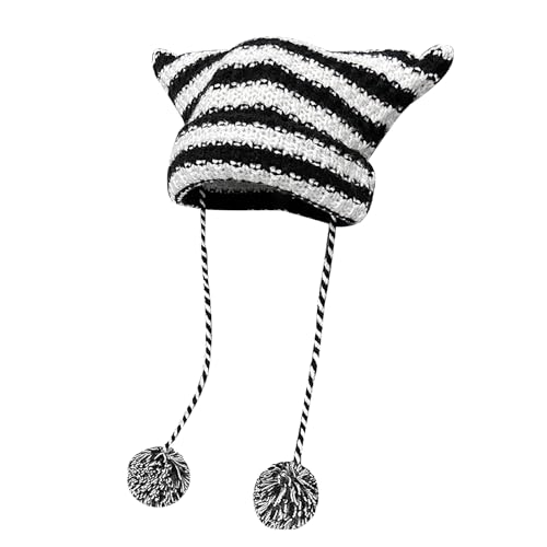 Cute Cat Ear Beanie with Strings Crochet Hat Knitted Cat Hat with Pom Poms Cat Beanie for Girls Little Devil Hat Y2K Cap