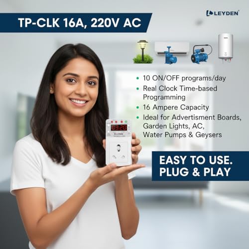 Image of LEYDEN TP-CLK 16A 220V AC Digital Real Time Clock Timer Plug Socket |Automatic ON Off Plug with 10 Programs Per Day | Heavy Duty Timer for Light, Water Pump, Motor, AC, Geyser (1)