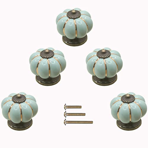 ESreake 5 Pack Retro Vintage Ceramic Pumpkin Cabinet Knobs, Kitchen Cabinet Drawers Dresser Cupboard Pull Handles Door Pulls with 3 Kinds of Screws (5 Pack, Sky Blue)