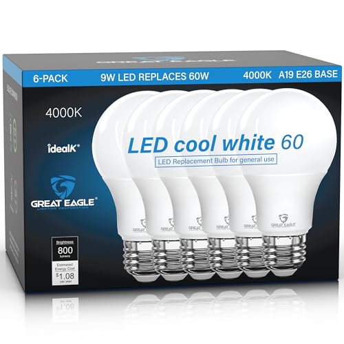 Great Eagle Lighting LED Light Bulbs 60 Watt Equivalent Cool White 4000K E26 A19 Light Bulb 800 Lumens Non-Dimmable 120V Energy Saving Bulbs for Kitchen Office Garage Workshop 6 Pack