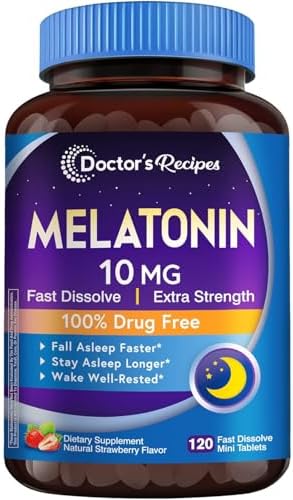 Doctor's Recipes Melatonin 10 mg Fast Dissolve 120 Tablets, Natural Sleep Support, Promote Relaxation & Calmness, Non-GMO, Natural Strawberry Flavor, No Water Needed