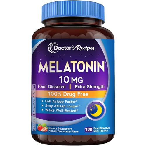 Doctor‘s Recipes Melatonin 10 mg Fast Dissolve 120 Tablets, Natural Sleep Support, Promote Relaxation & Calmness, Non-GMO, Natural Strawberry Flavor, No Water Needed
