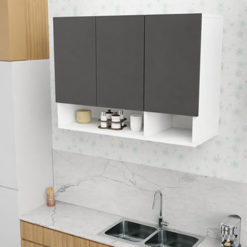 Image of 3 Door Multipurpose Wall Mounted Cabinet with Adjustable Shelf | Storage for Kitchen, Bathroom, Bedroom, Office & Living Room | Assembly-DIY | Color-White & Grey | Size-90x33x63.8 Cm