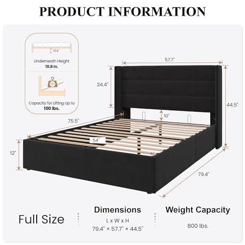 SHA CERLIN Full Size Lift Up Storage Bed/Velvet Upholstered/Modern Wingback Headboard/Upholstered Platform Bed Frame/Hydraulic Storage/No Box Spring Needed/Black