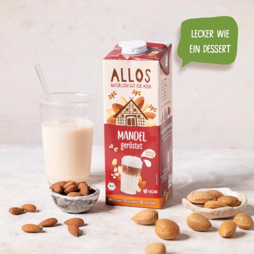 Allos Bio geröstete Mandel Drink| Milchalternative | Drink auf Pflanzenbasis | schäumbar | vegan | laktosefrei | glutenfrei | 0% Zucker | 1 Liter (6 Stück)