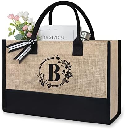 TOPDesign Initial Jute/Canvas Tote Bag, Personalized Present Bag, Suitable for Wedding, Birthday, Beach, Holiday, is a Great Gift for Women, Mom, Teachers, Friends, Bridesmaids (Letter B)