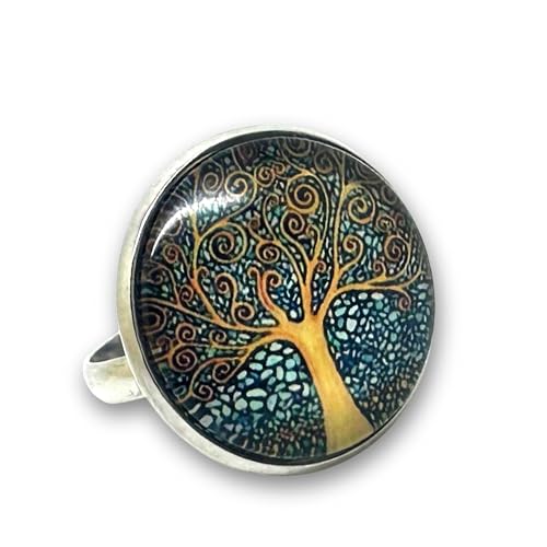 So Sweet - Bague fantaisie femme réglable, en acier inoxydable, cabochon en verre, vintage, rétro, originale, parure Klimt « l’arbre de vie », arbre, décoration, tableau, bleu, jaune (ref.59a).