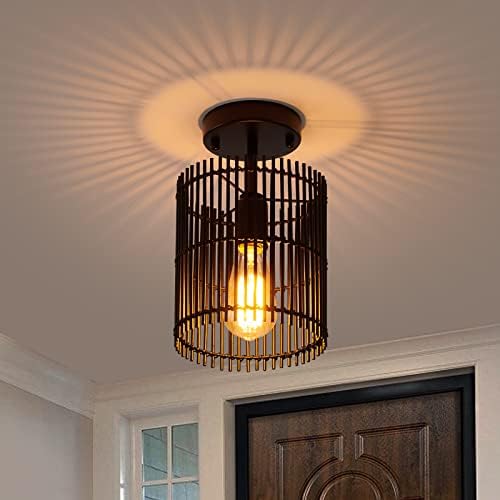 SGLfarmty Modern Semi Flush Mount Ceiling Light, Farmhouse Industrial Black Rattan Light Fixture Ceiling, Handmade Small Wicker Bamboo Ceiling Lamp for Hallway, Entryway
