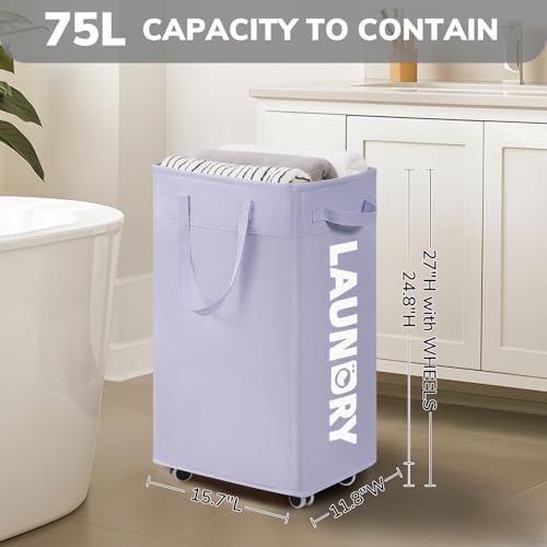 Image of Goodpick Laundry Basket with Wheels,75L Collapsible Laundry Baskets with Removable Wash Bag, Clothes Laundry Hamper on Wheels, Light Purple