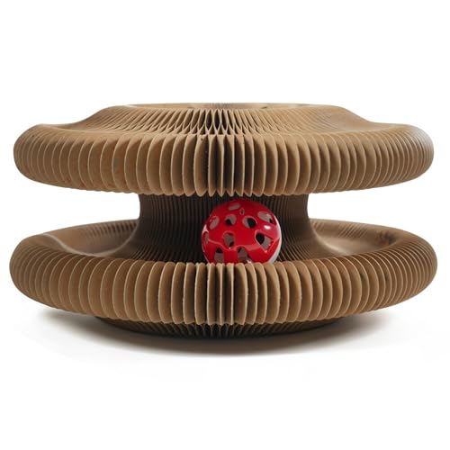 Magic Organ Cat Scratcher Cardboard, Interactive Scratch Cat Toy with Bell Ball, Foldable Scratching Board, Corrugated Cardboard Scratch Pad for Indoor Cats, Round(1PCS)