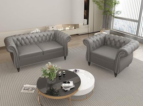 Image of WOODEN WORLD Modern & Classic Leather Sofa Set - Luxurious Comfort, Stylish Design, and Durable Build (Grey, 3+2+1 Seater)