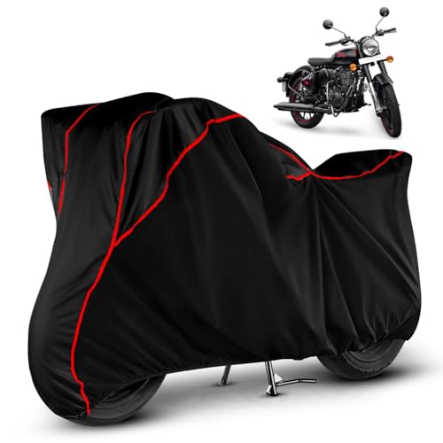 Image of Heavy Duty Waterproof Bike Cover for Royal Enfield Classic 350 | All Weather Protection from Rain, Dust, Sun & Scratches | Universal Fit for All Bike & Scooty | Black Red Piping | Classic 350 Cover