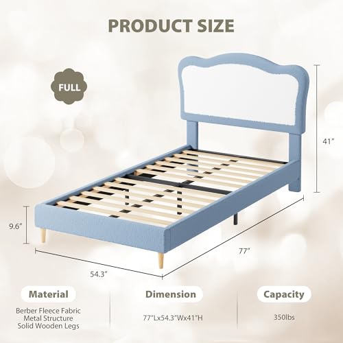 GarveeHome Full Bed Frames for Kids with Soft headboard, Velvet Low Bed Frame for Girls, Boys, No Box Spring Needed, Wooden Slats, Noise Free, Sturdy, Easy Assembly, Blue White