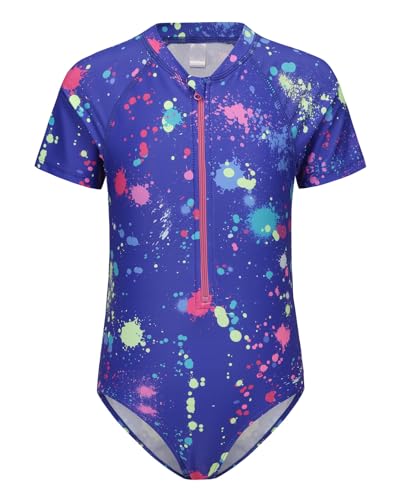Image of Girls One Piece Rash Guard Swimsuits for Kids Girls Short Sleeve Bathing Suits with Front Zipper Swimwear 3-16 Years