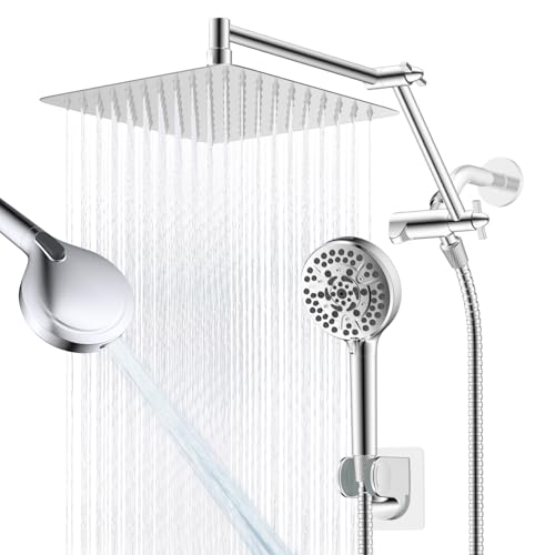 Image of Metal 10 inch Rain Shower Head with Handheld, High-Pressure Showerhead,10-Mode | Chrome, Rainfall Shower Head with 5 inch Large Handheld Spray, Adjustable 16 inch Shower Extension Arm /71 inch Hose, Brass 3-Way Diverter