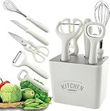 Mirramor Stainless Steel 6-Piece Kitchen Gadgets Set, Kitchen Scissors, Kitchen Utensils Set with Holder, Paring Knife, Whisk, Bottle Opener, Peeler- Anti-Slip Handle, Decorative Base, White