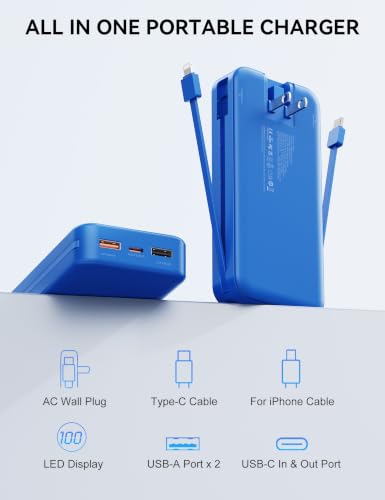 Image of Nusyddy Portable Charger 20000mAh PD20W w /Built-in Cables & Wall Plug Navy | PD20W Fast Charging, High Capacity, LED Display, Charge 5 Devices at once, TSA Approved, Compatible with iPhone /iPad /Samsung