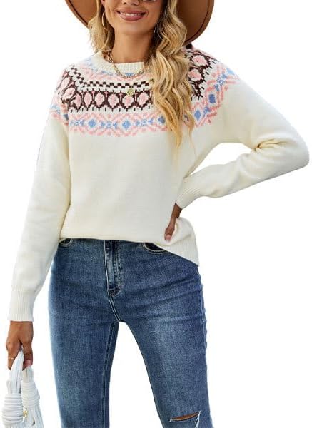 Womens Fall Vintage Fair Isle Sweater Casual Loose Long Sleeve Crewneck Knitted Pullover Sweater Tops - Image 3