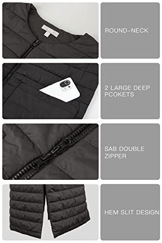 Long Puffer Vest Women Round Collar Quilted Vests With Large Pockets Lightweight Sleeveless Xxl, Black #TOP5