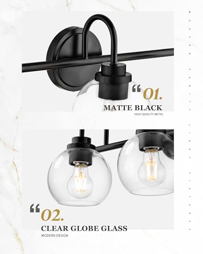 Image of Bathroom Light Fixtures, 5-Light Matte Black Vanity Lights with Globe Clear Glass, 35 Inch Modern Vanity Lighting Fixtures Over Mirror, AD-22280-5W-BK