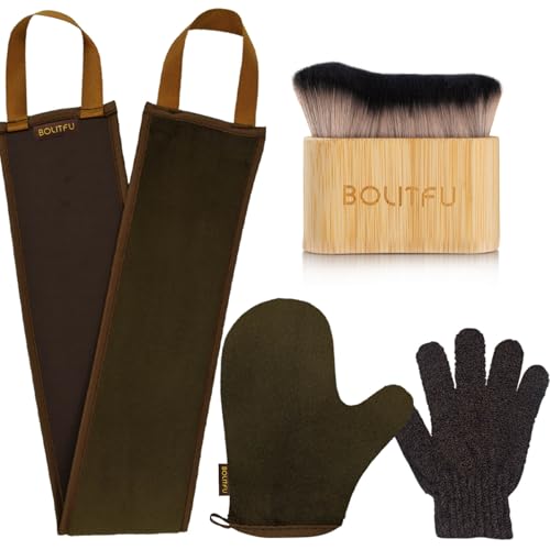4 Pack Self Tanning Mitt Applicator Kit - 1 Self Tan Mitt, 1 Back Tanning Applicator, 1 Ultra Soft Self Tanner Brush, 1 Exfoliating Glove, for Sunless Streak-Free Fake Tan (Bronze)