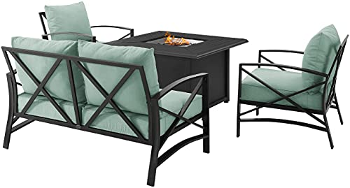 Crosley Furniture Ko60037Bz-Mi Kaplan Outdoor Metal 4-Piece Seating Set (Dante Fire Table, Loveseat, 2 Arm Chairs), Oiled Bronze With Mist Cushions #TOP2