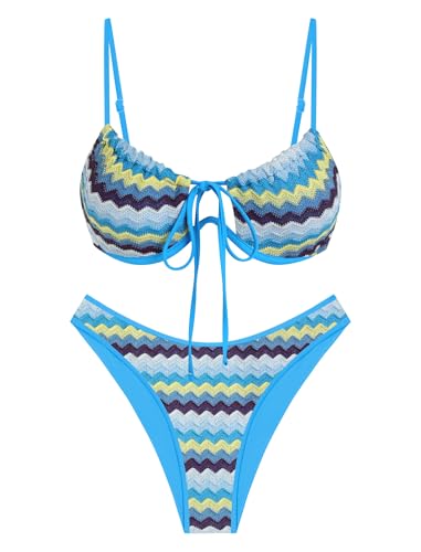 Image of ZAFUL Women High Cut Bikini Sets String Sexy Swimsuit Two Piece Underwire Bathing Suit Brazilian Cheeky Cut Out Cute Swimwear