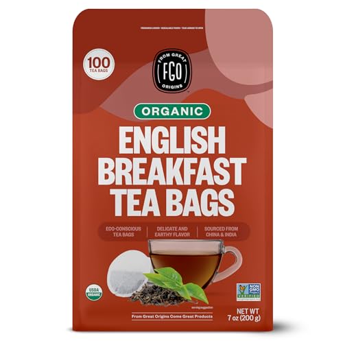 FGO Organic English Breakfast Black Tea, 100 Count, Eco-Conscious Tea Bags, Resealable Bag, Packaging May Vary (Pack of 1)